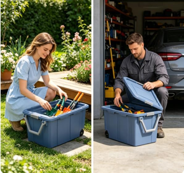 Wheeled Plastic Storage Totes Set of 2, Blue