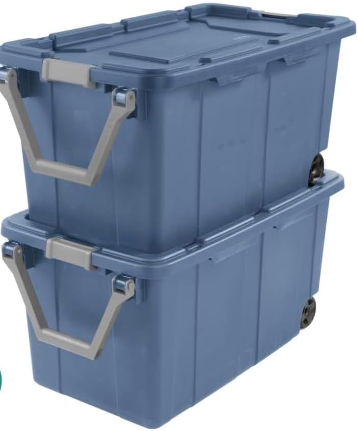 Wheeled Plastic Storage Totes Set of 2, Blue