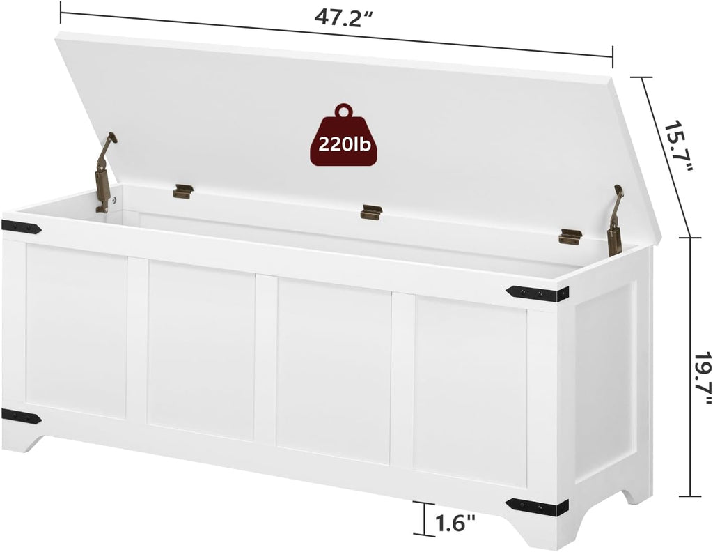 Extra Large Wooden Storage Bench with Safety Hinges, White