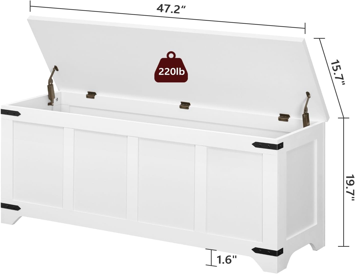 Extra Large Wooden Storage Bench with Safety Hinges, White