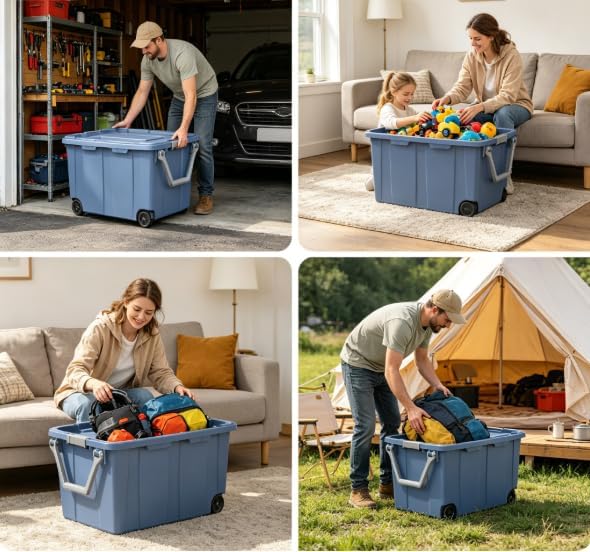 Wheeled Plastic Storage Totes Set of 2, Blue