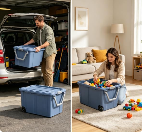 Wheeled Plastic Storage Totes Set of 2, Blue