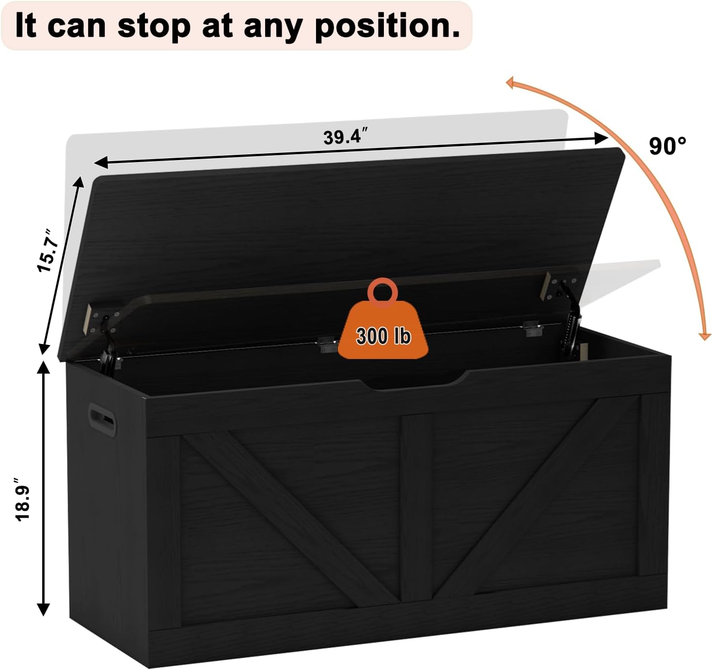 Wooden Storage Bench with Safety Hinges, Black