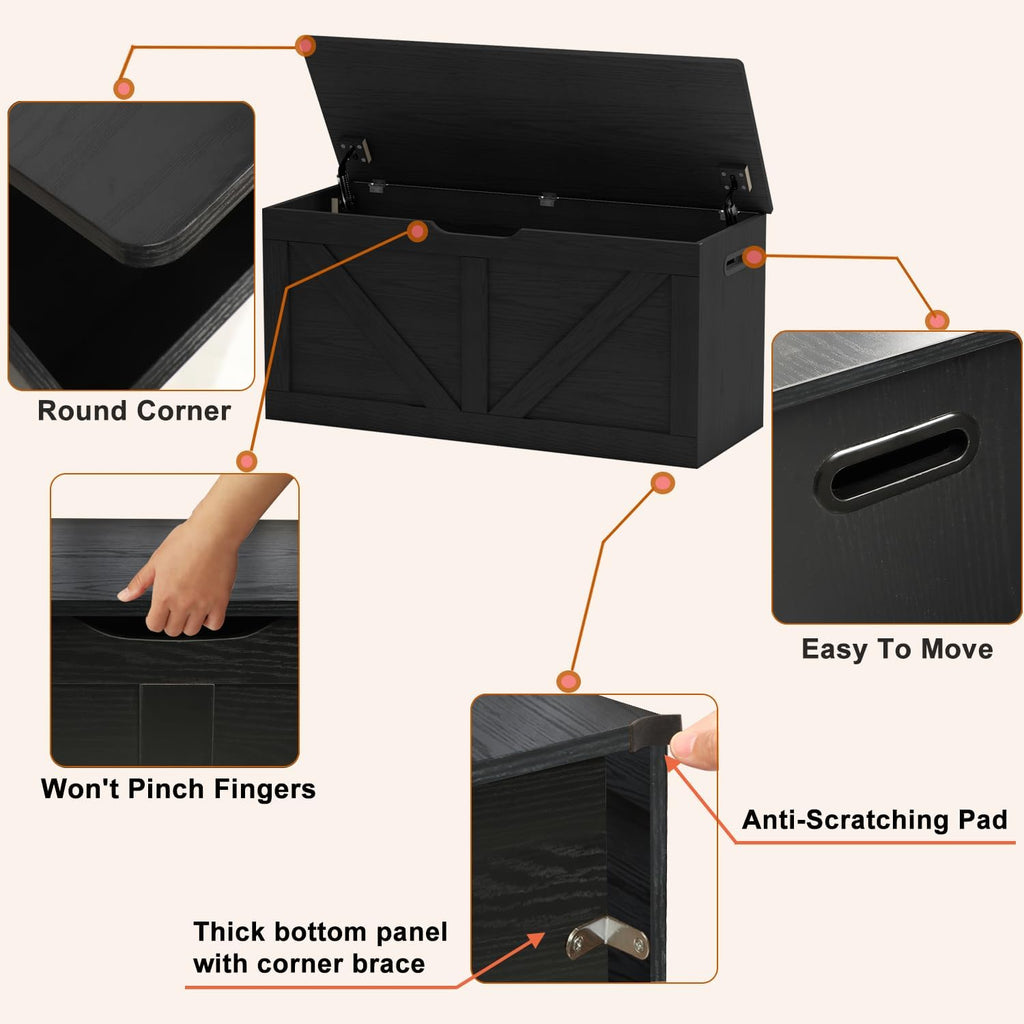 Wooden Storage Bench with Safety Hinges, Black
