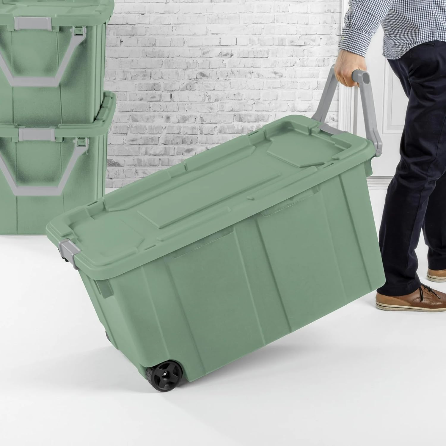 Wheeled Industrial Storage Totes Set of 2, Sage