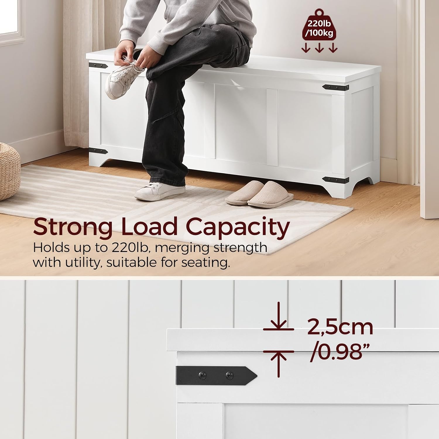 Extra Large Wooden Storage Bench with Safety Hinges, White