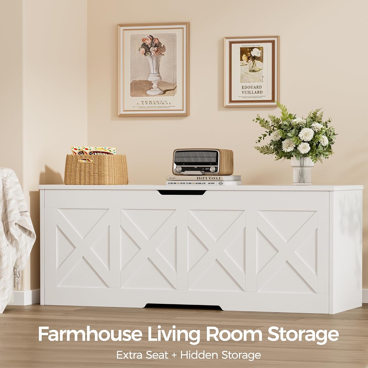 Farmhouse Wooden Storage Bench, White