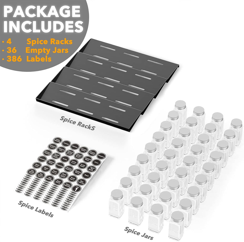 4-Tier Spice Drawer Organizer with Spice Jars & Labels