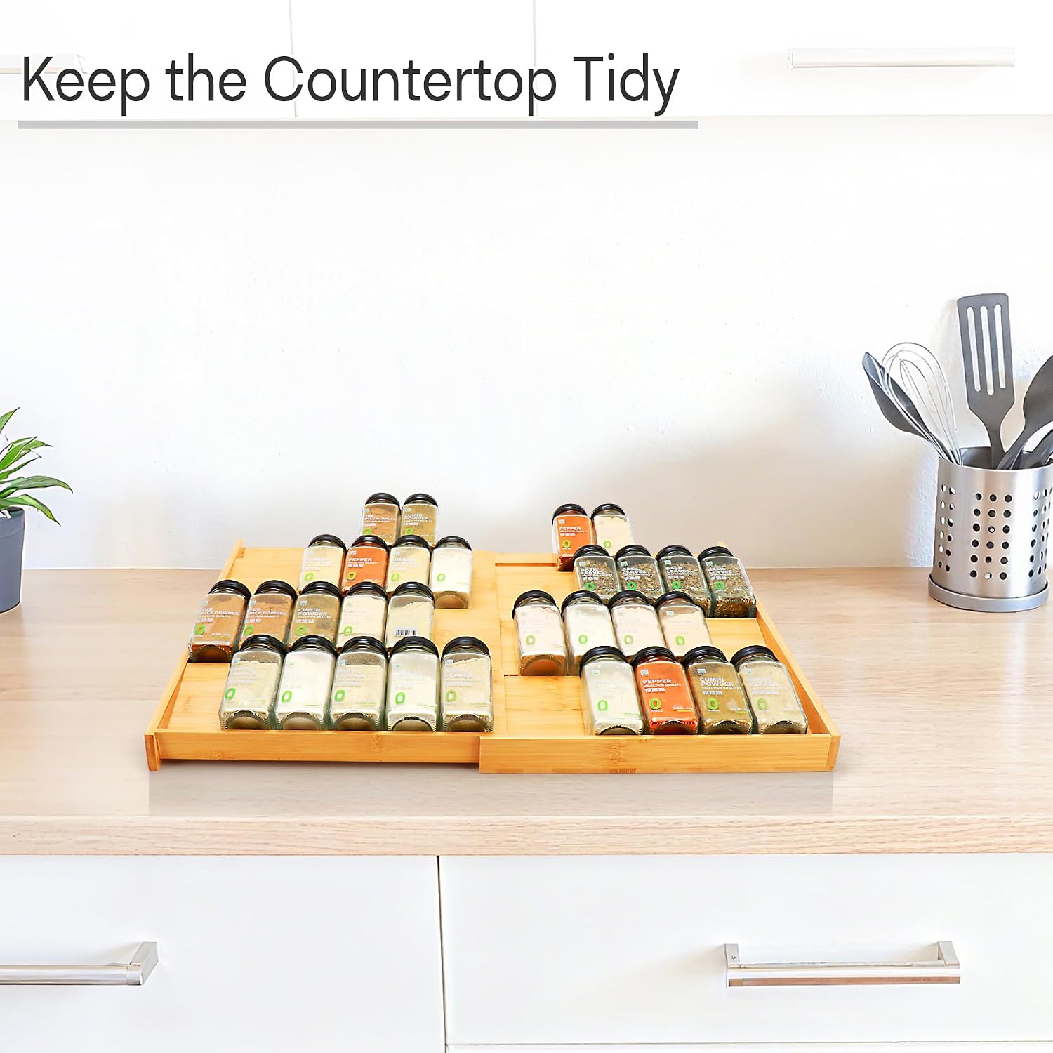 Expandable 4-Tier Bamboo Spice Drawer Organizer