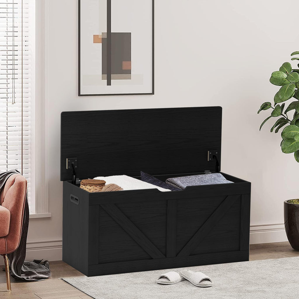 Wooden Storage Bench with Safety Hinges, Black