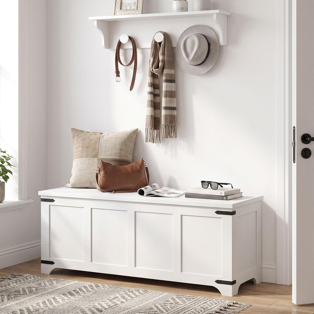 Extra Large Wooden Storage Bench with Safety Hinges, White