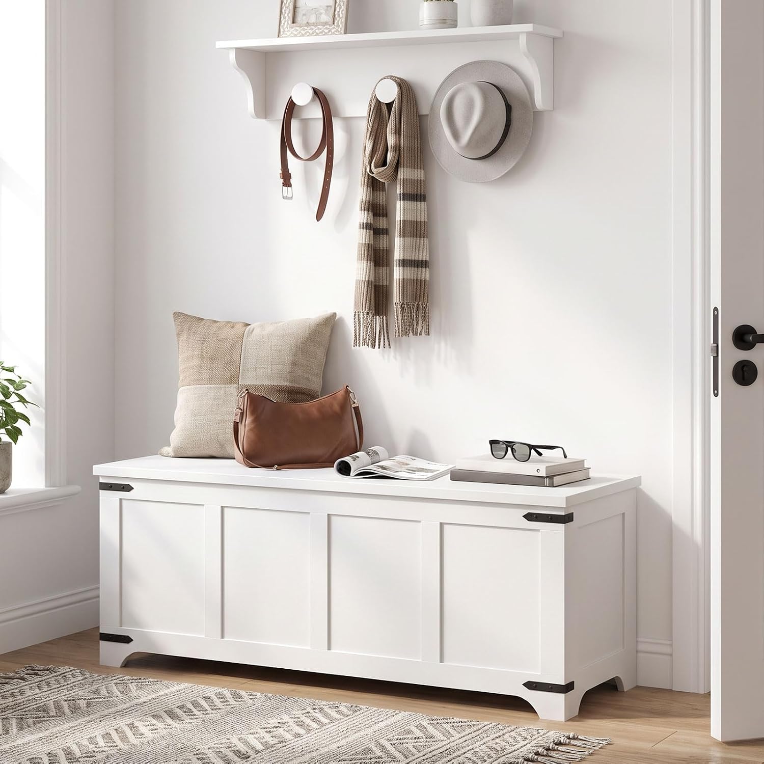 Extra Large Wooden Storage Bench with Safety Hinges, White