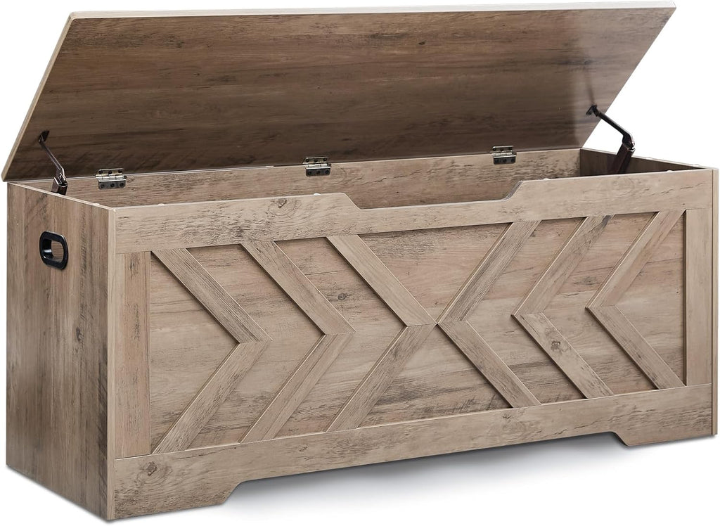 Wooden Storage Bench with Safety Hinges, Greige