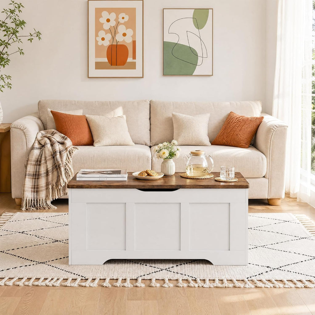 Wooden Flip Top Storage Bench with Safety Hinges, White Walnut