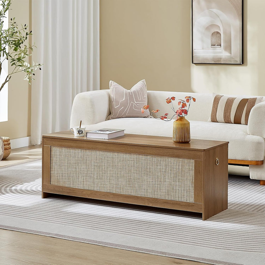 Rattan Extra Large Storage Bench with Safety Hinges, Cherry Brown