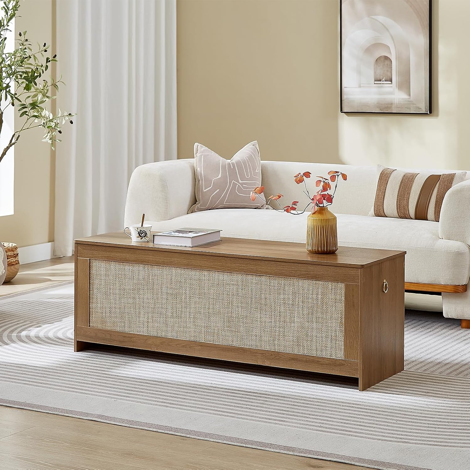 Rattan Extra Large Storage Bench with Safety Hinges, Cherry Brown