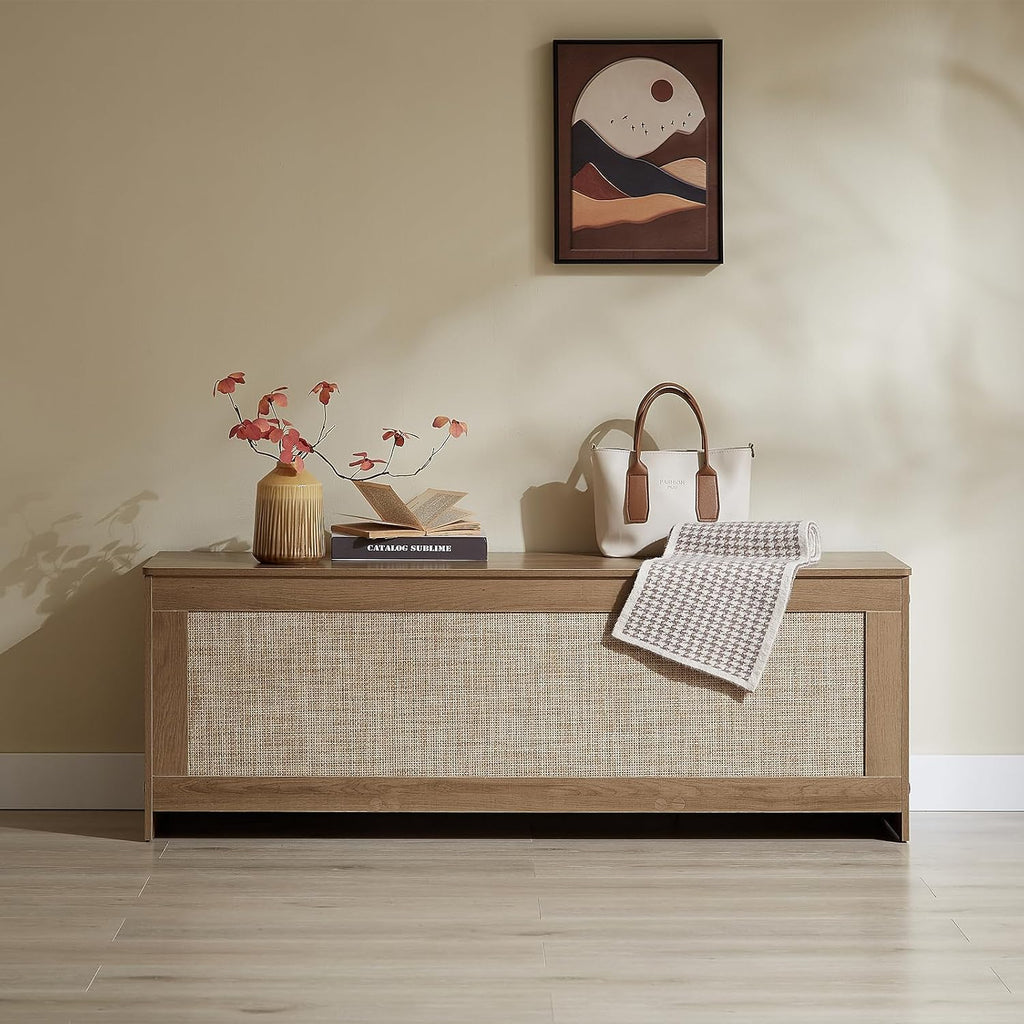 Rattan Extra Large Storage Bench with Safety Hinges, Cherry Brown