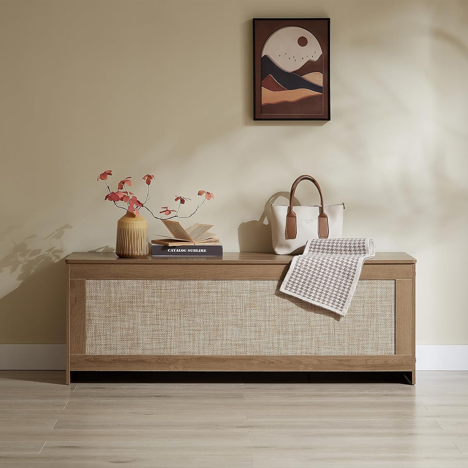 Rattan Extra Large Storage Bench with Safety Hinges, Cherry Brown