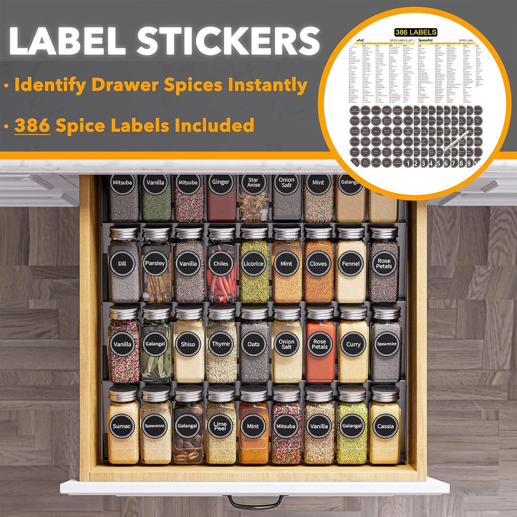 4-Tier Spice Drawer Organizer with Spice Jars & Labels