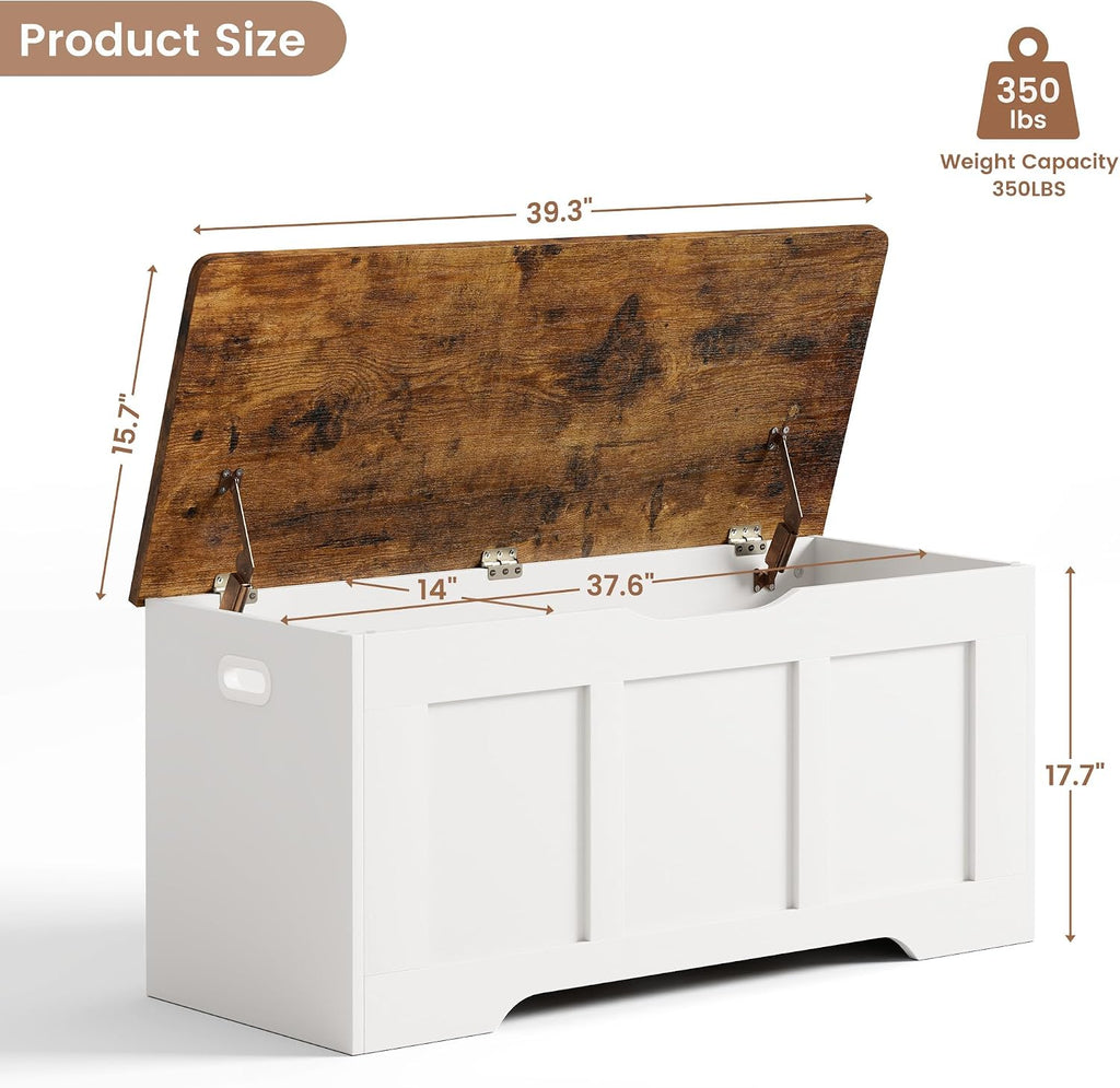 Wooden Flip Top Storage Bench with Safety Hinges, White Walnut