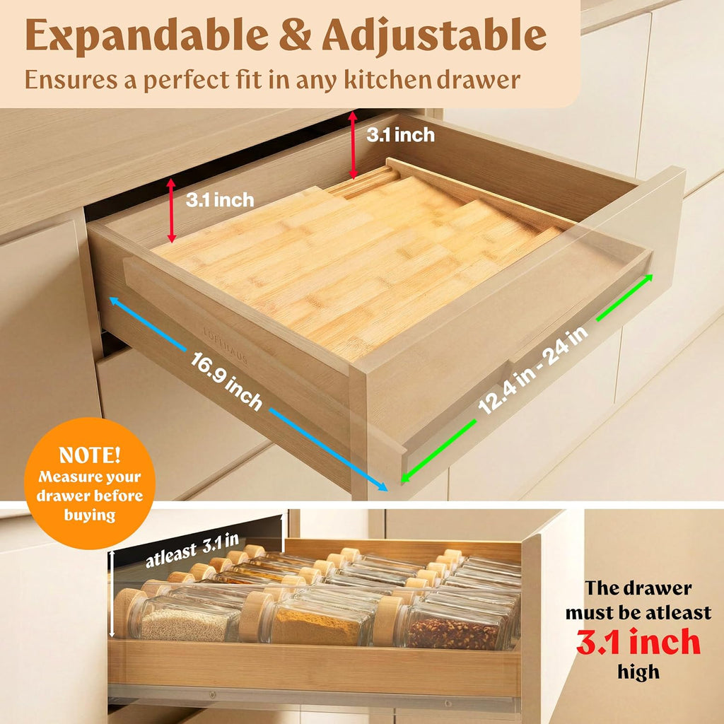 Expandable 4-Tier Bamboo Spice Drawer Organizer