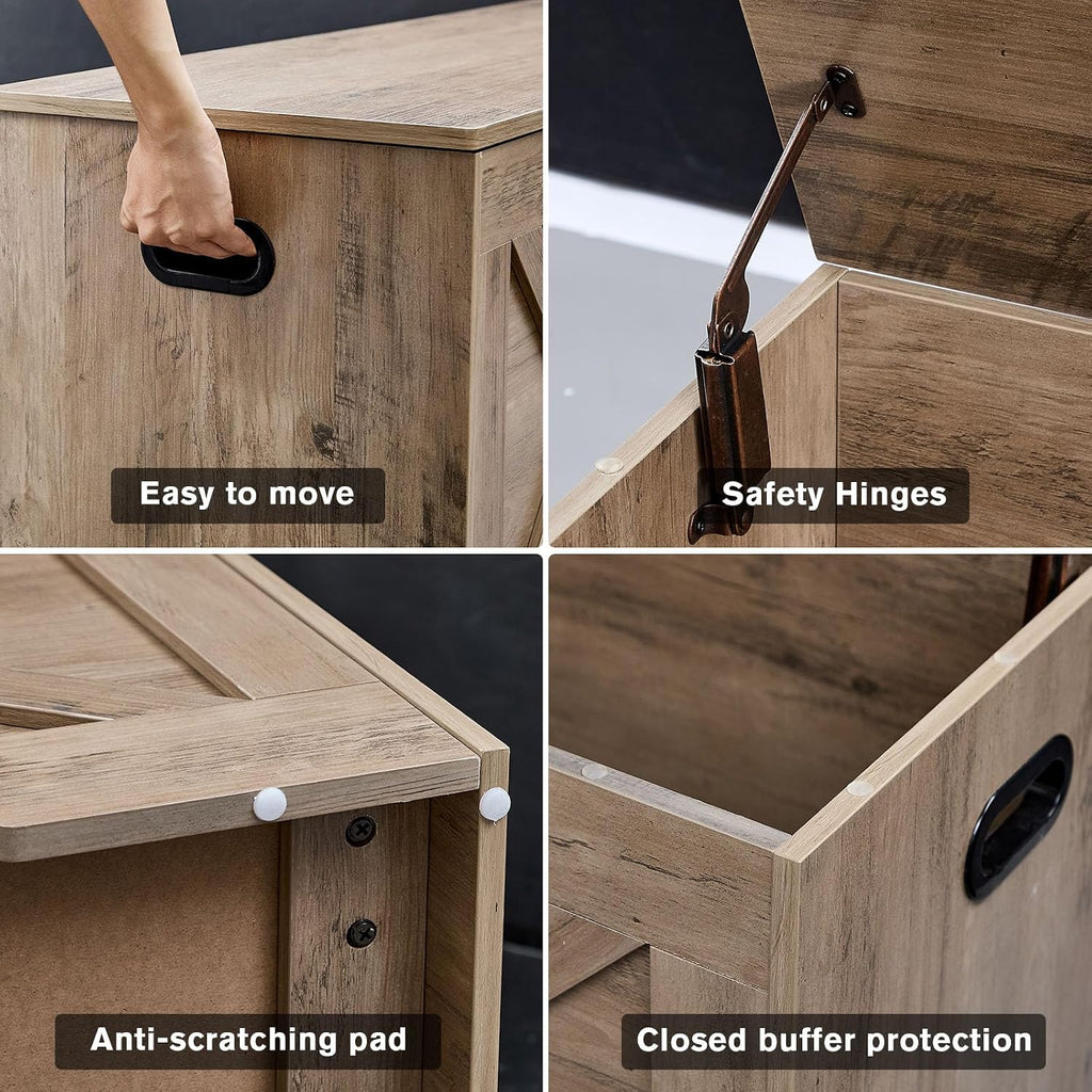 Wooden Storage Bench with Safety Hinges, Greige