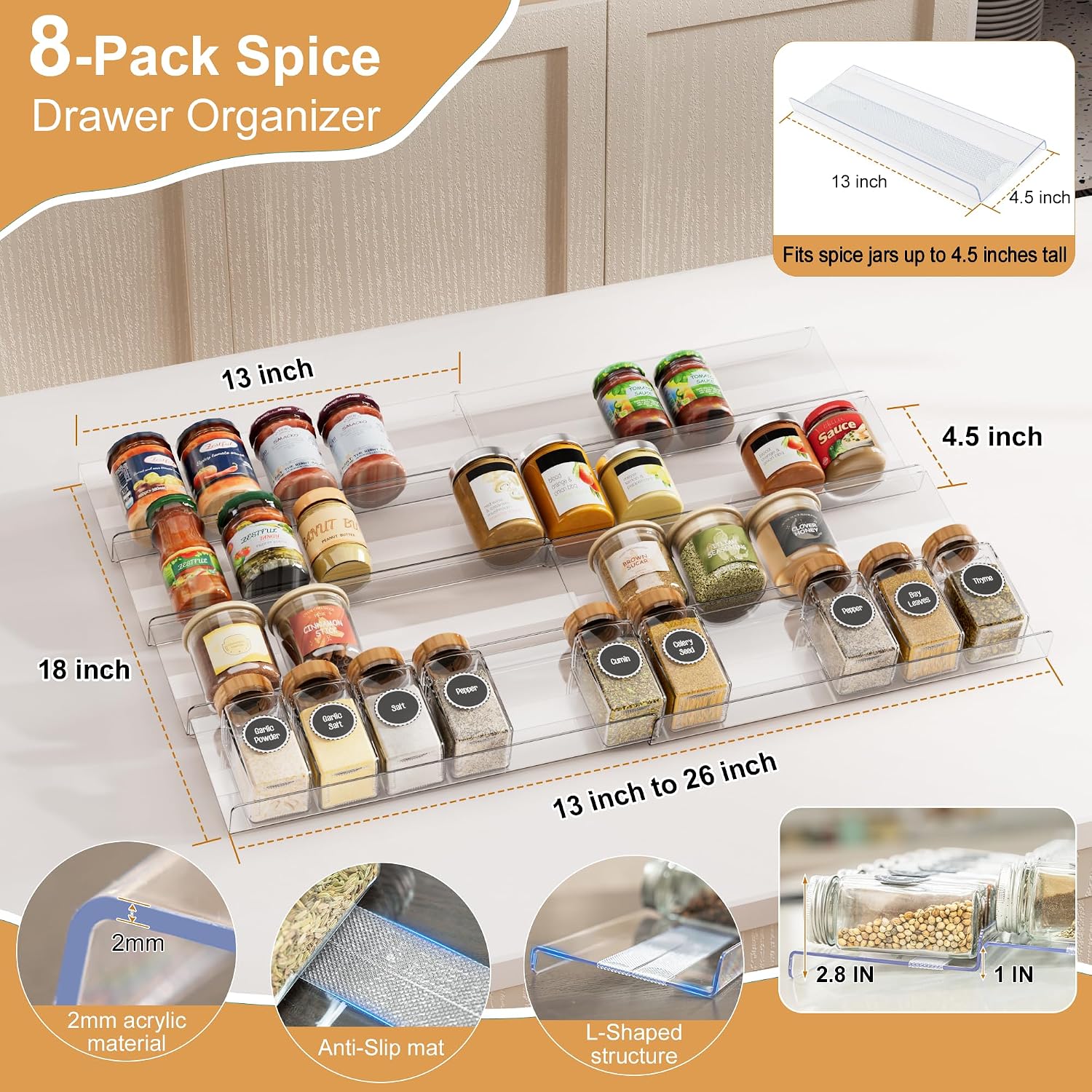 Expandable Acrylic Spice Drawer Organizer Set of 8