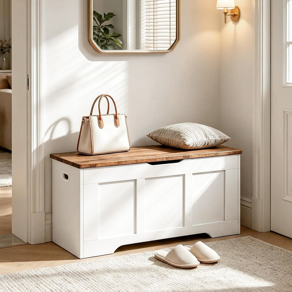 Wooden Flip Top Storage Bench with Safety Hinges, White Walnut