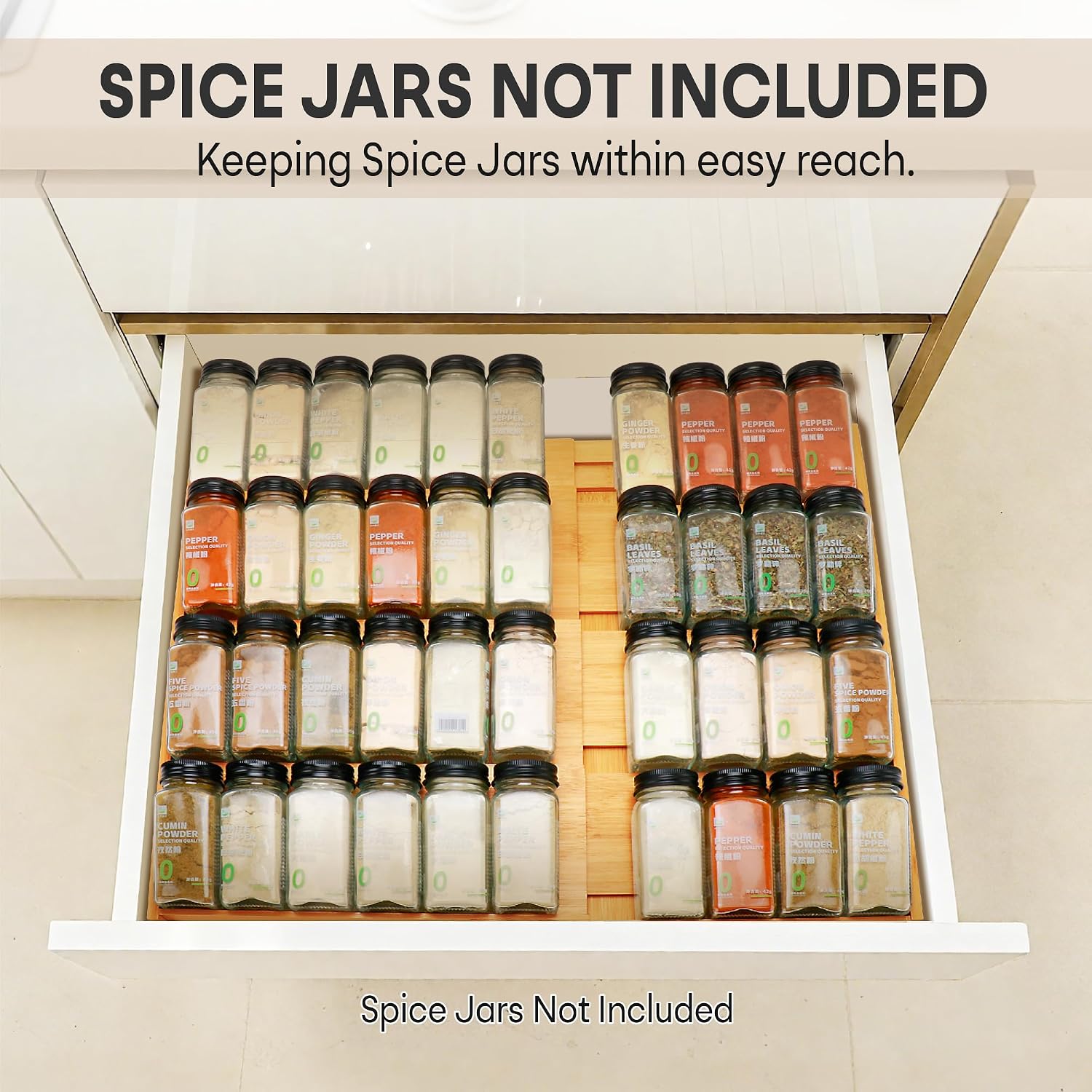 Expandable 4-Tier Bamboo Spice Drawer Organizer