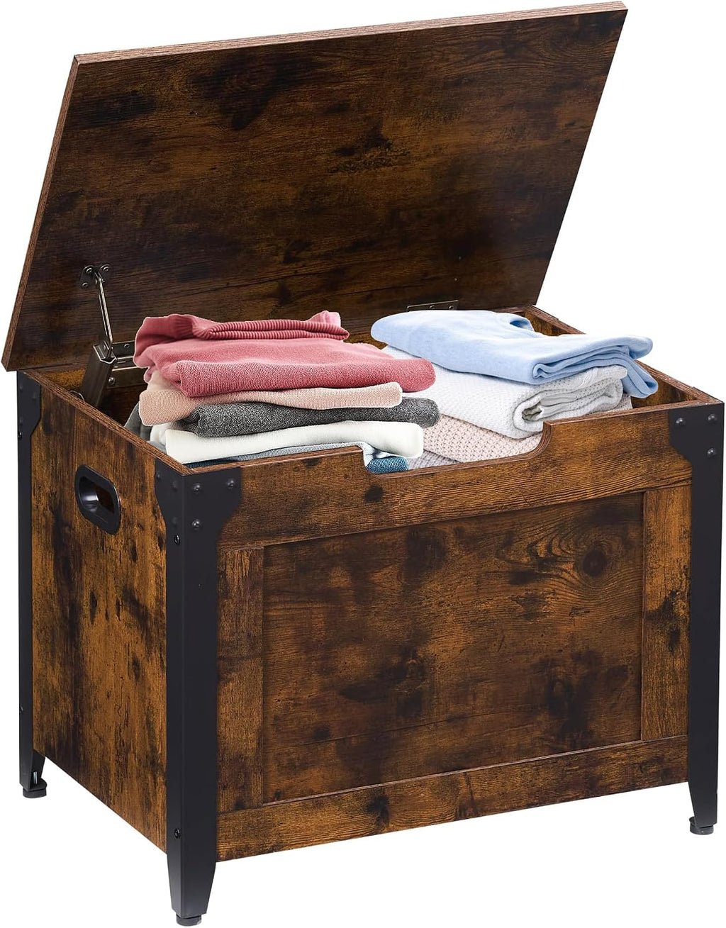 Rustic Wooden Storage Bench with Safety Hinges
