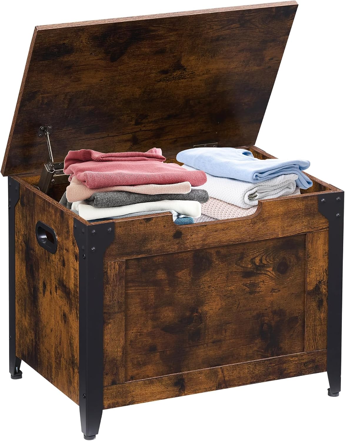 Rustic Wooden Storage Bench with Safety Hinges