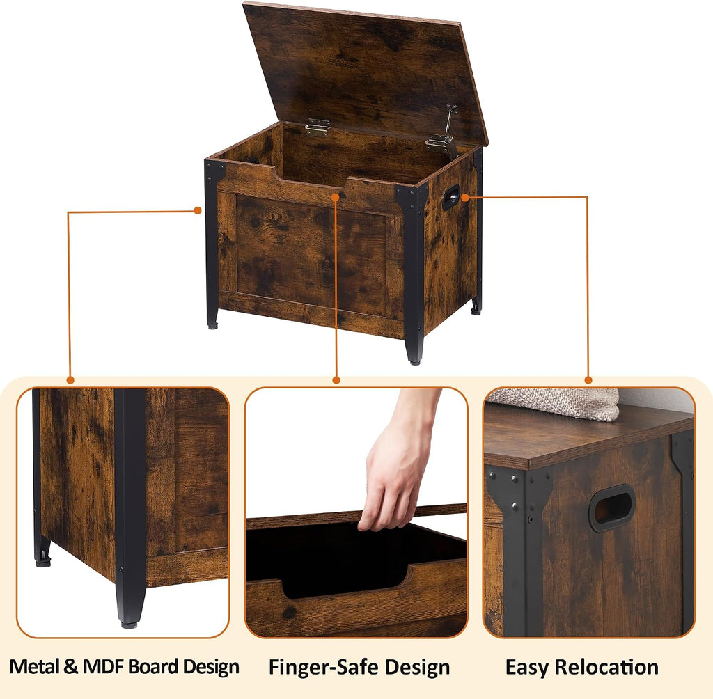 Rustic Wooden Storage Bench with Safety Hinges