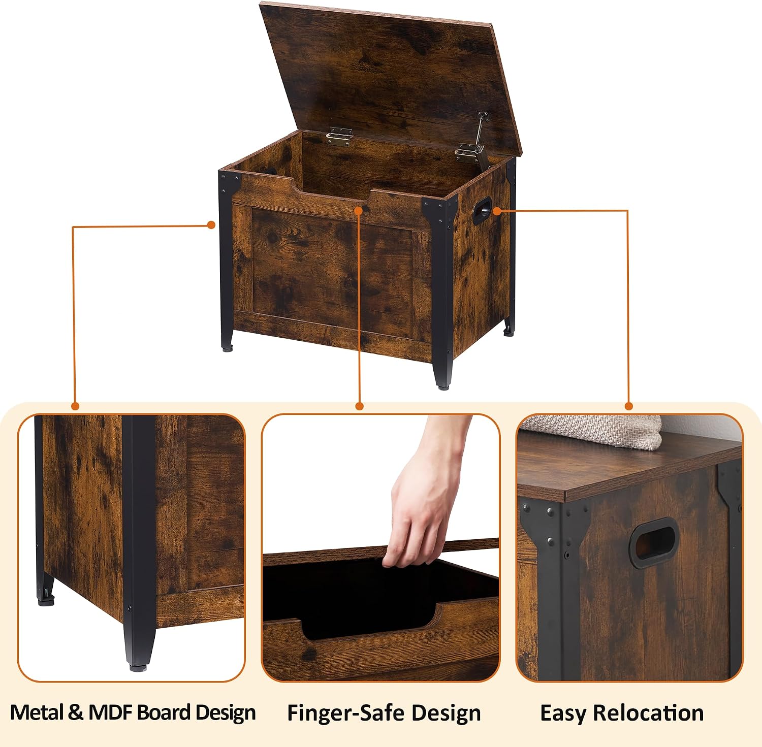 Rustic Wooden Storage Bench with Safety Hinges
