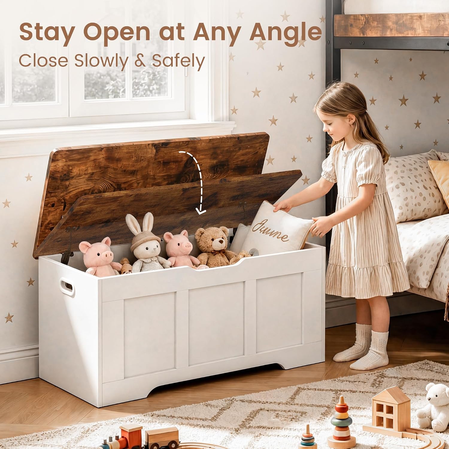 Wooden Flip Top Storage Bench with Safety Hinges, White Walnut