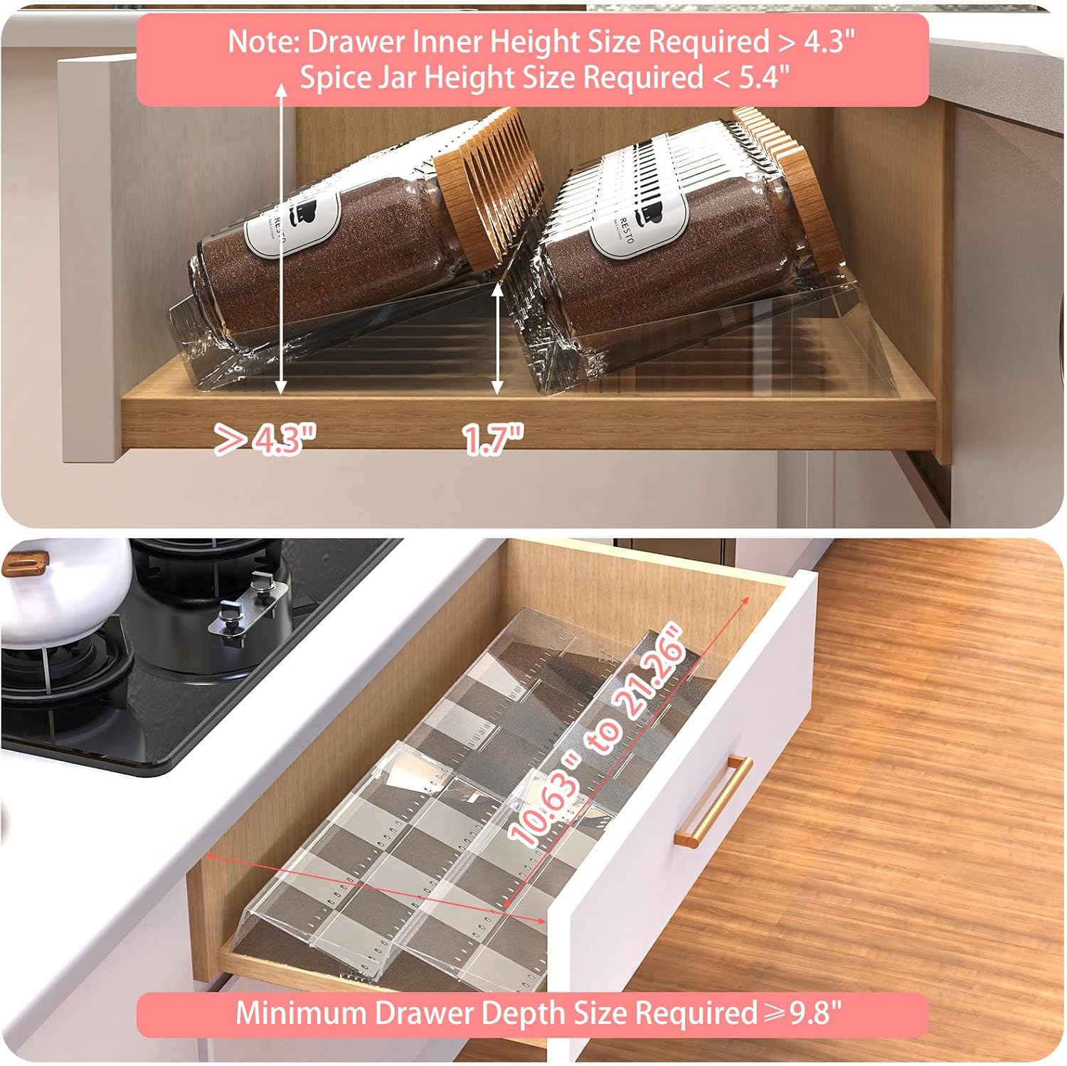 Expandable Frosted Acrylic Spice Drawer Organizer Set of 4
