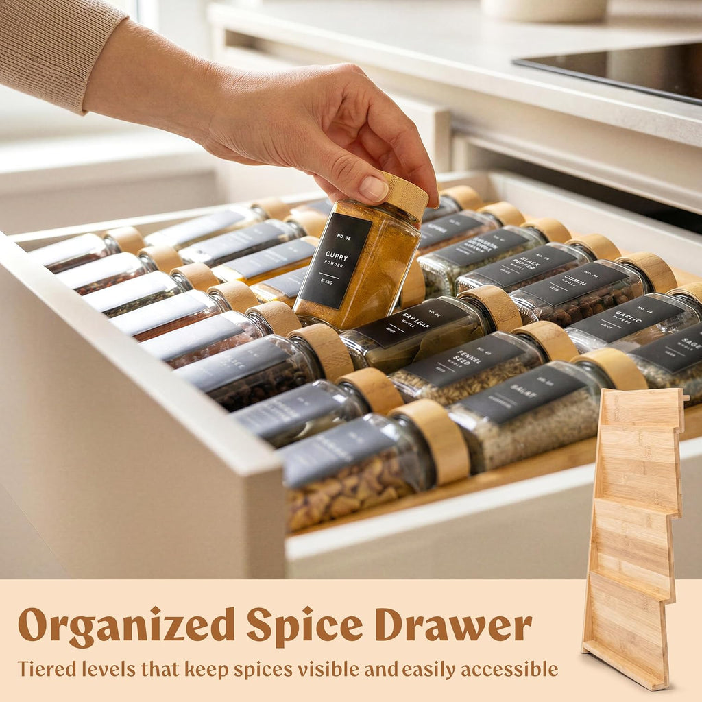 Expandable 4-Tier Bamboo Spice Drawer Organizer