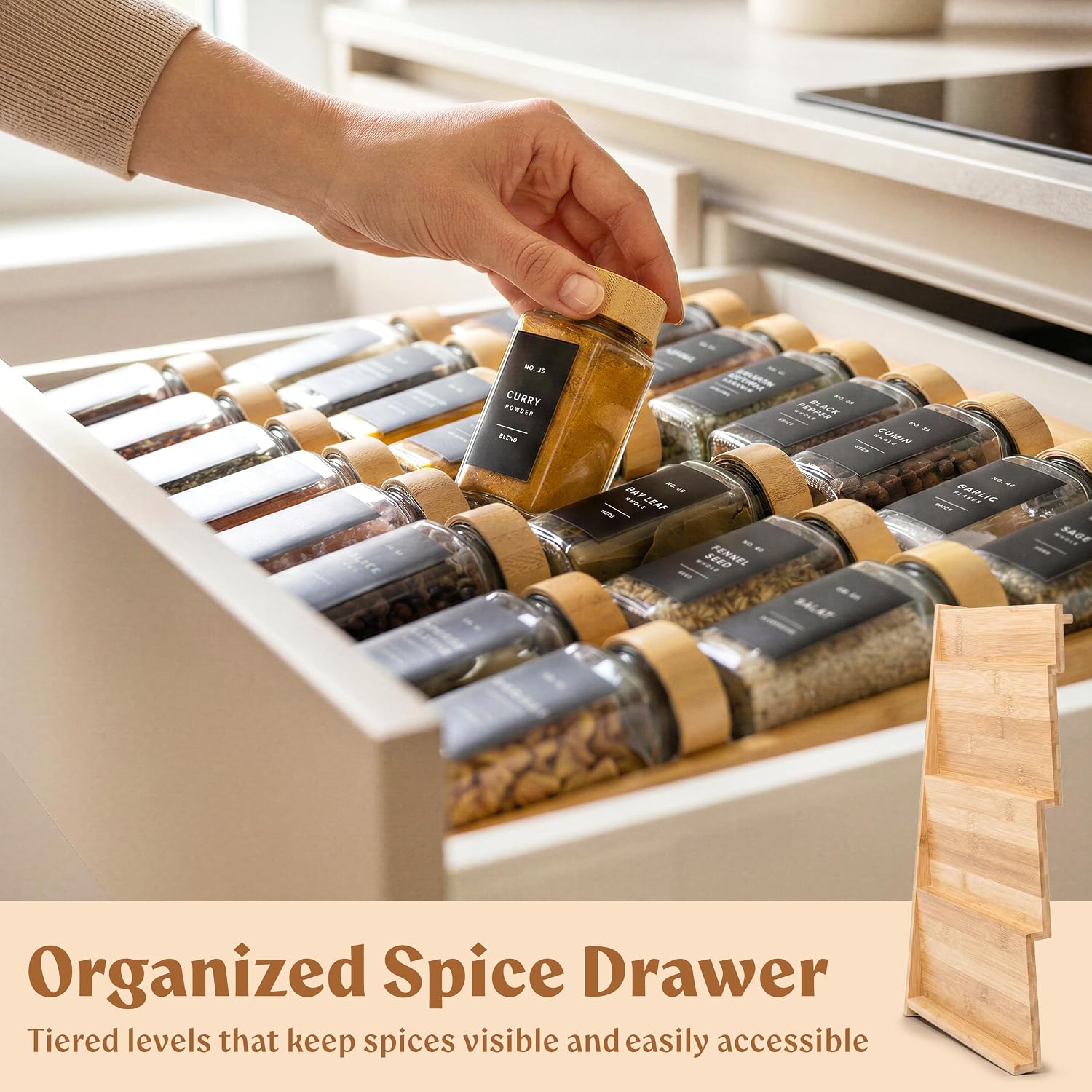 Expandable 4-Tier Bamboo Spice Drawer Organizer