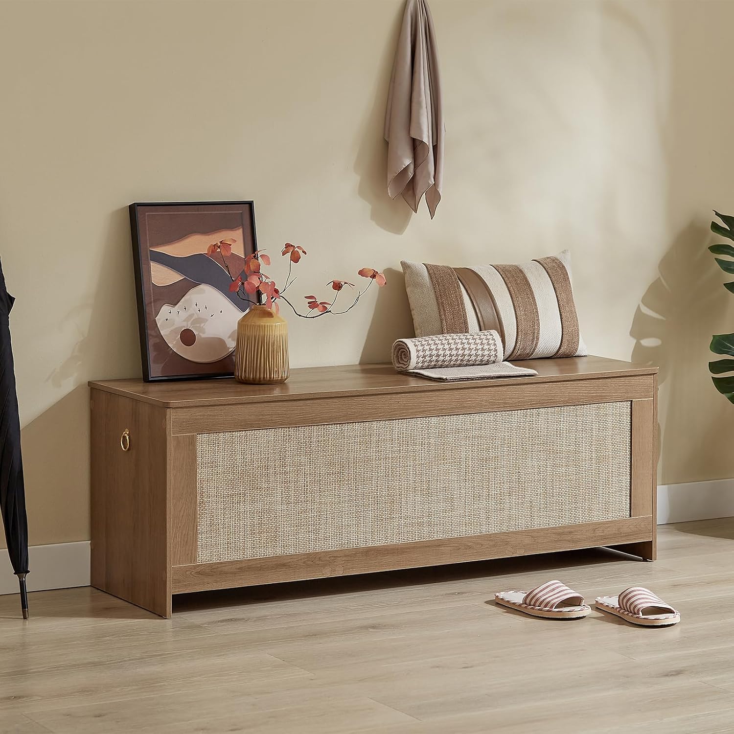 Rattan Extra Large Storage Bench with Safety Hinges, Cherry Brown