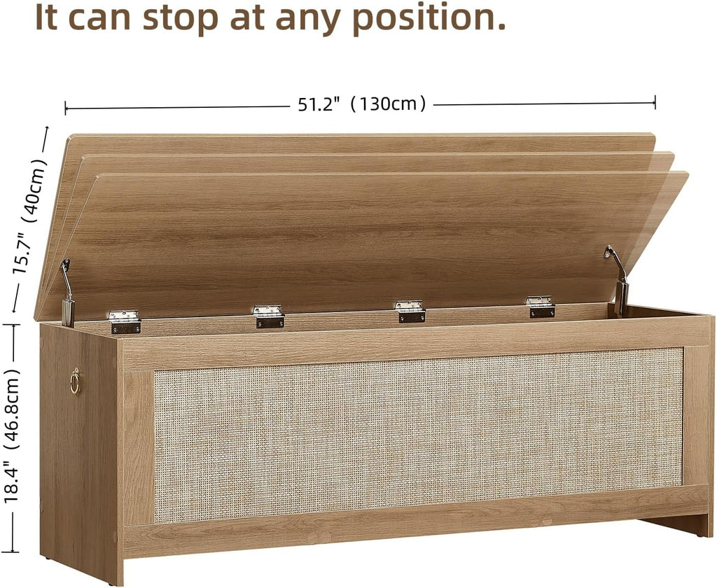 Rattan Extra Large Storage Bench with Safety Hinges, Cherry Brown
