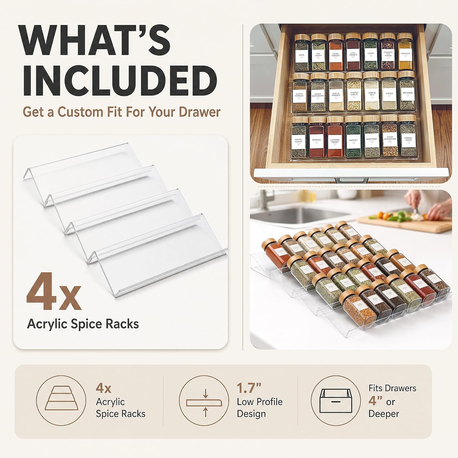 Expandable 4-Tier Acrylic Spice Drawer Organizer Set of 4