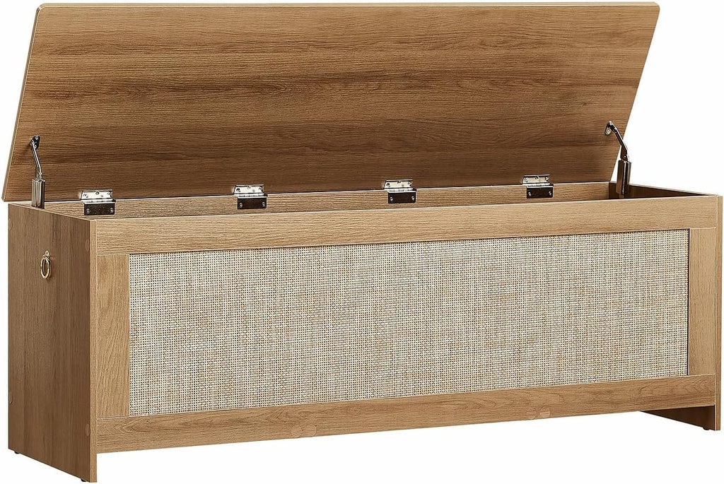 Rattan Extra Large Storage Bench with Safety Hinges, Cherry Brown
