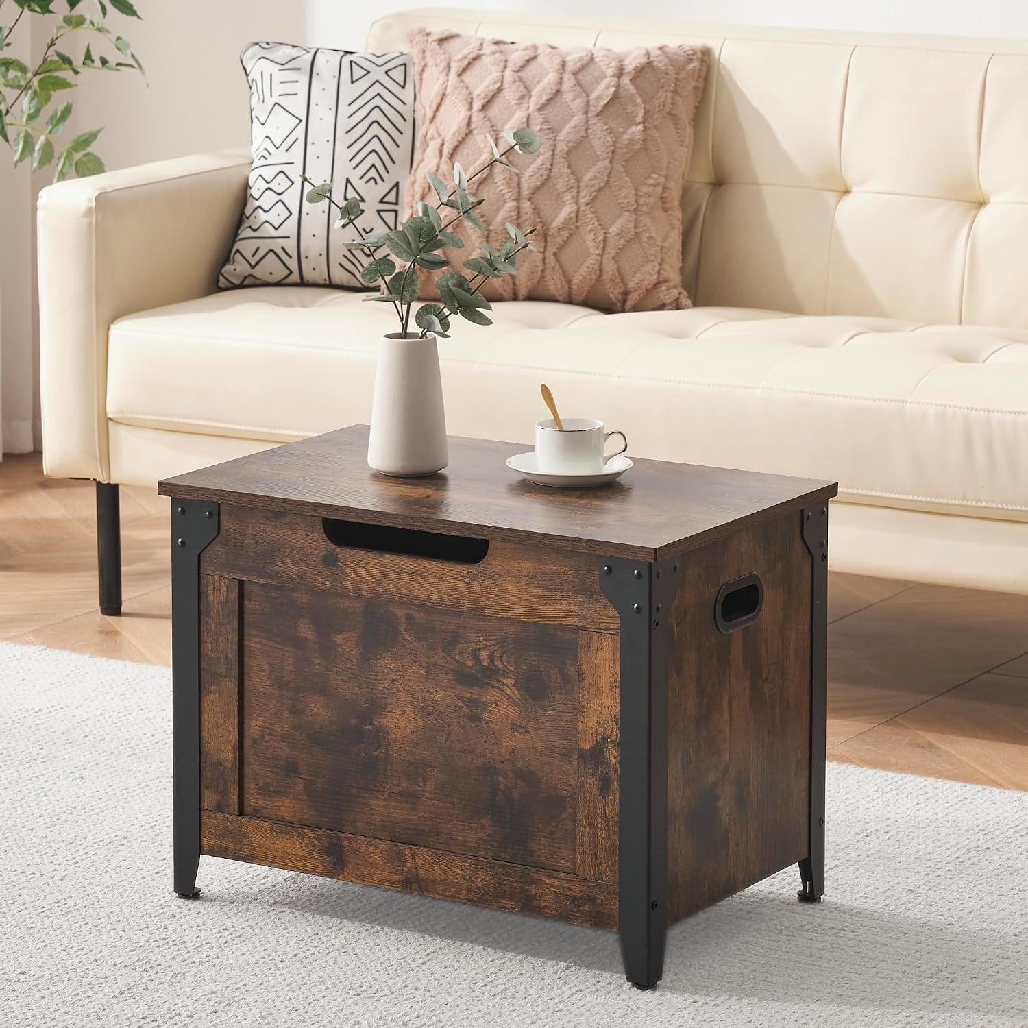 Rustic Wooden Storage Bench with Safety Hinges
