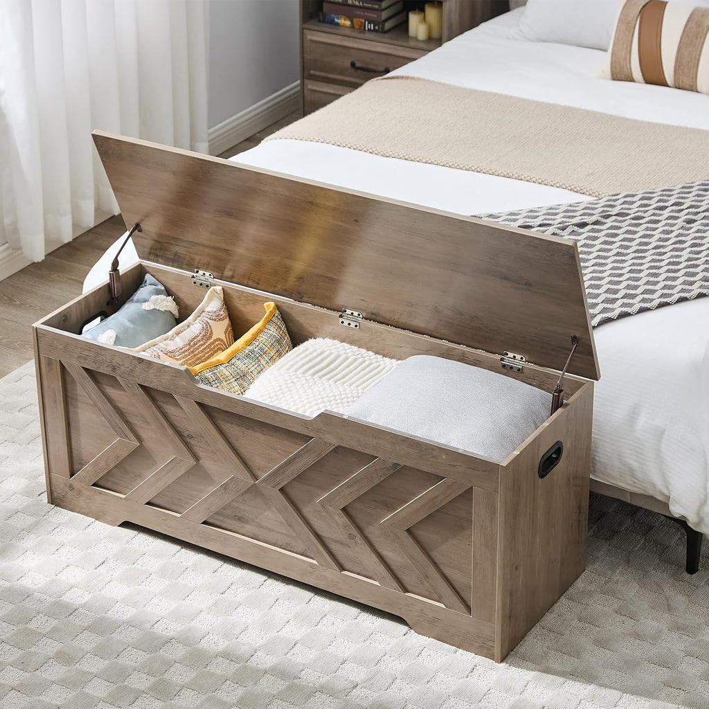 Wooden Storage Bench with Safety Hinges, Greige