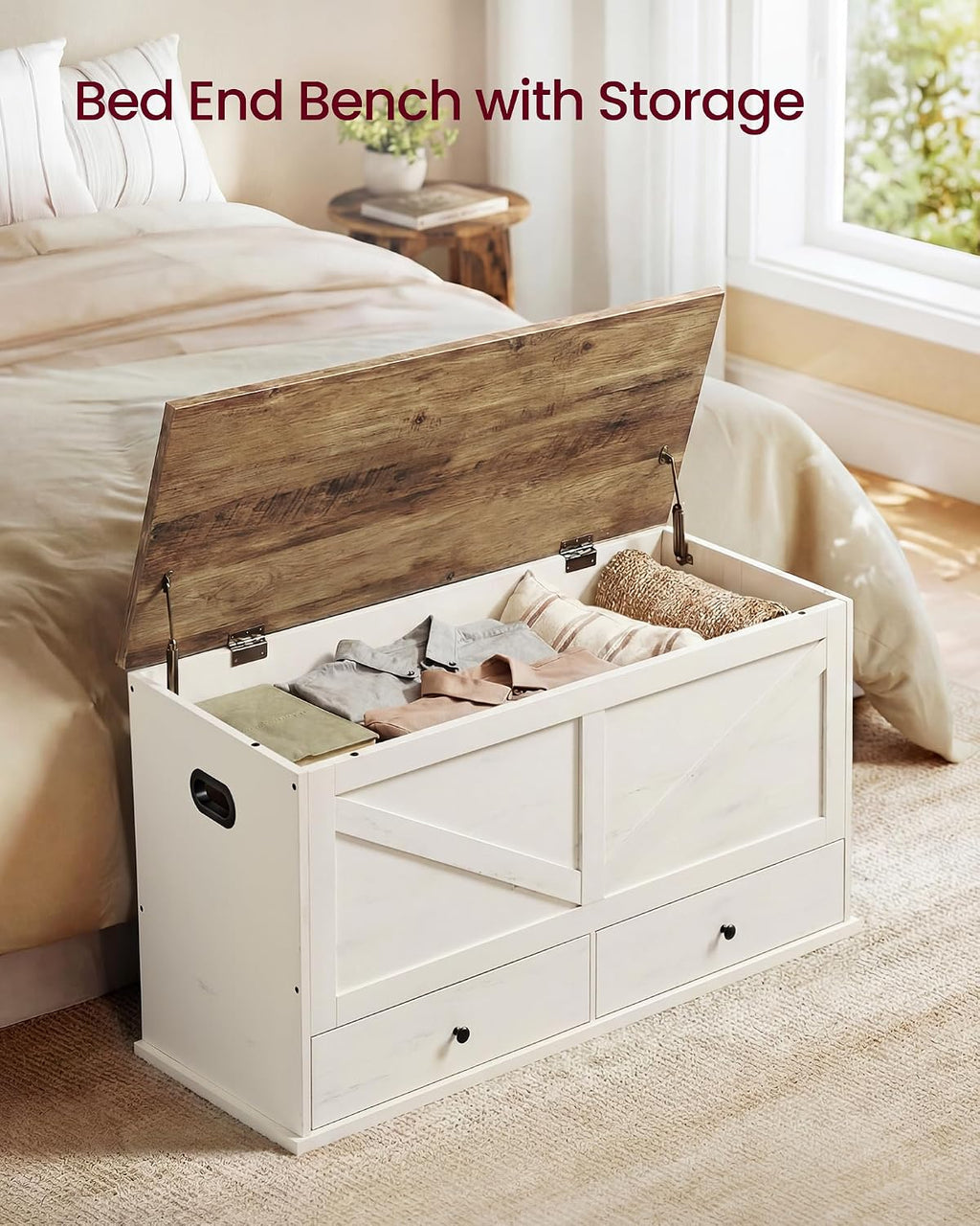 Farmhouse Storage Bench with Fabric Drawers