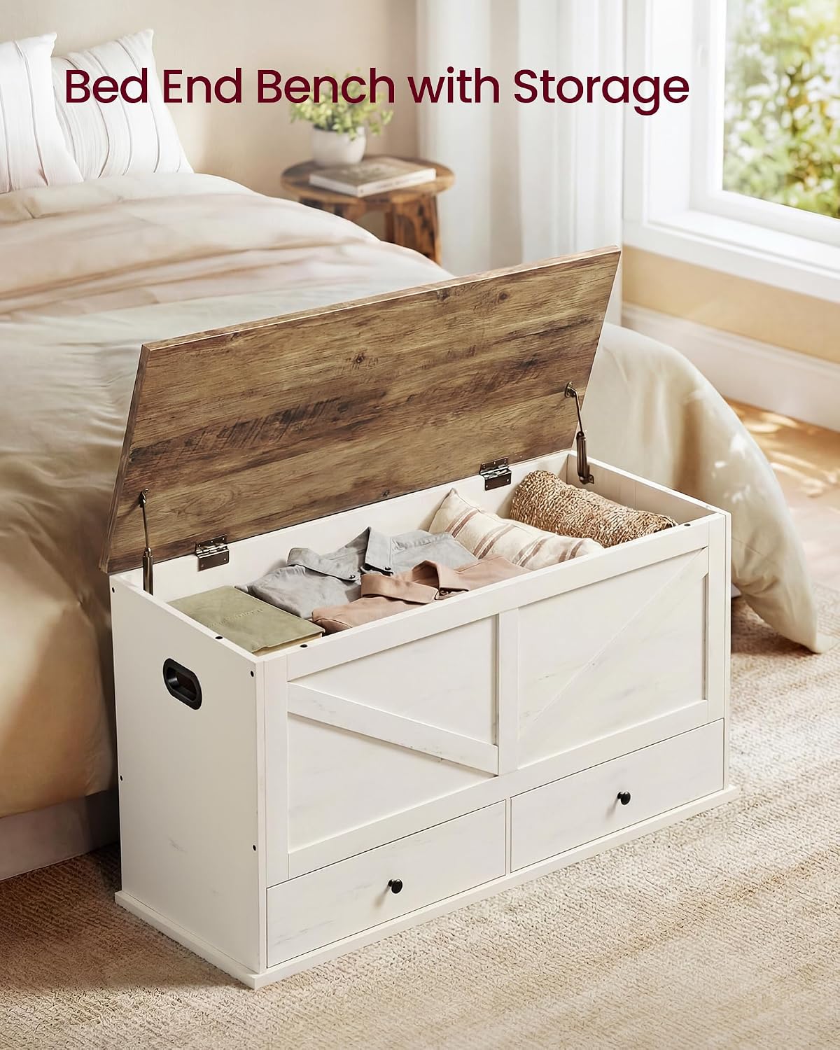 Farmhouse Storage Bench with Fabric Drawers