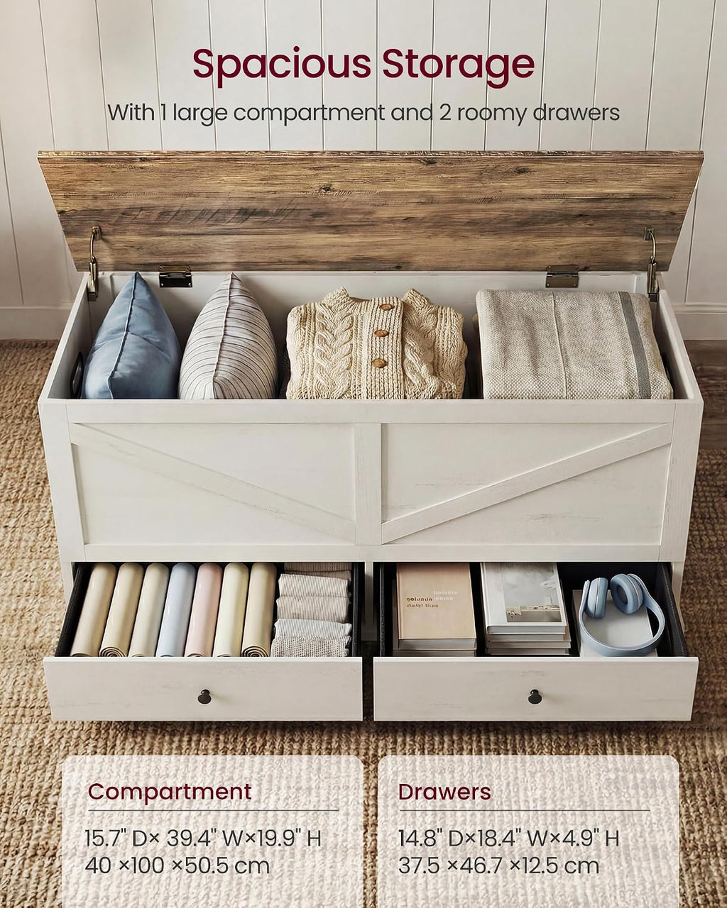 Farmhouse Storage Bench with Fabric Drawers