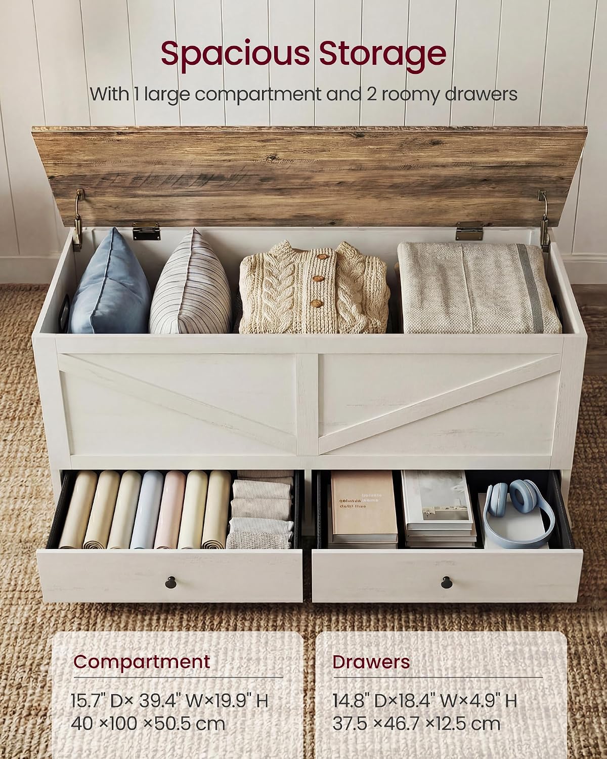 Farmhouse Storage Bench with Fabric Drawers