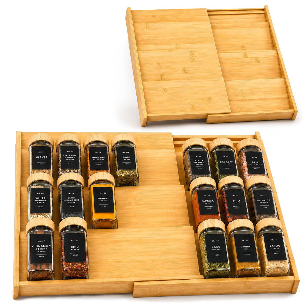 Expandable 4-Tier Bamboo Spice Drawer Organizer