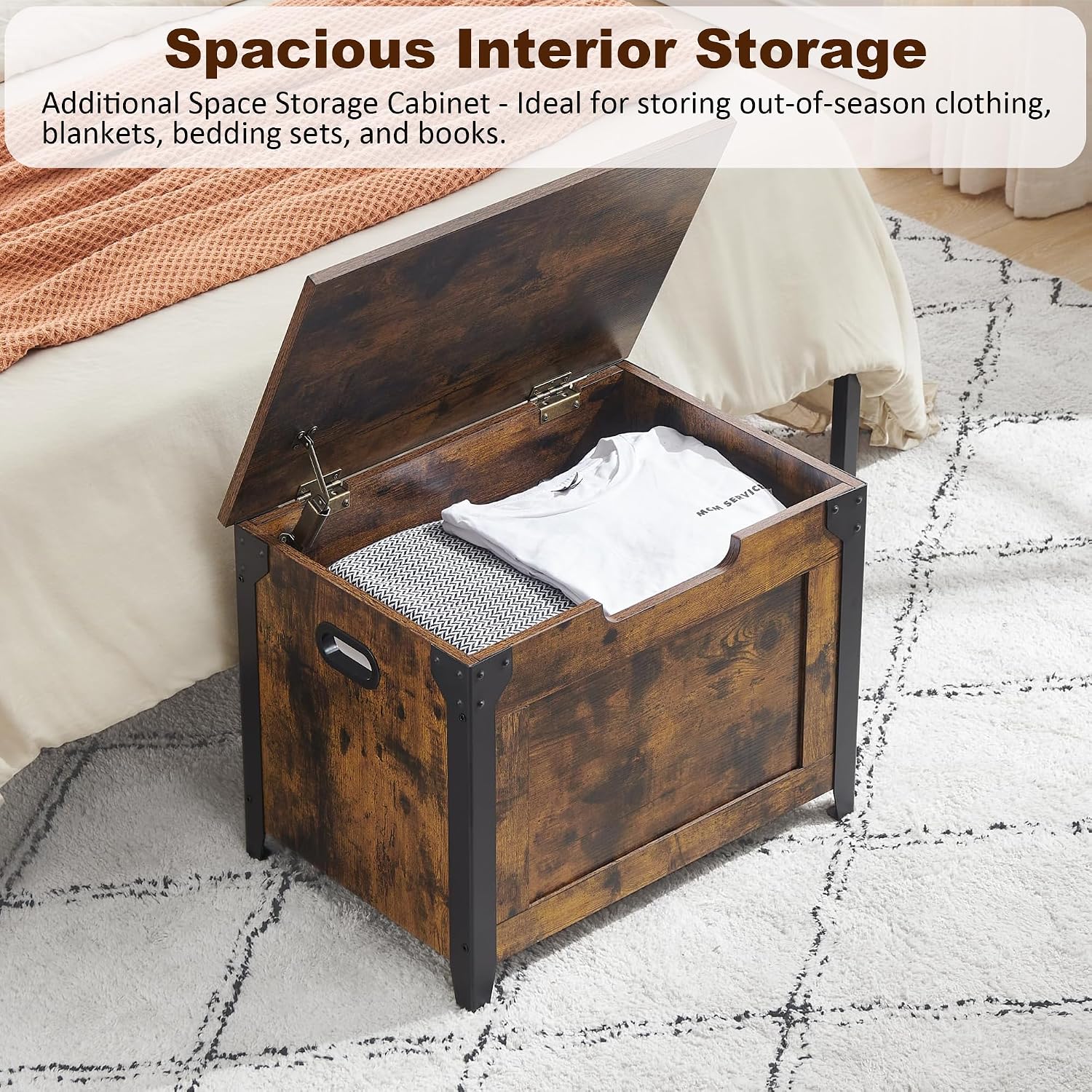 Rustic Wooden Storage Bench with Safety Hinges