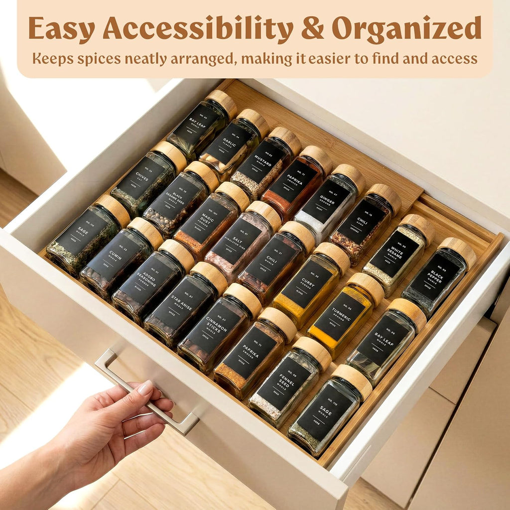 Expandable 4-Tier Bamboo Spice Drawer Organizer